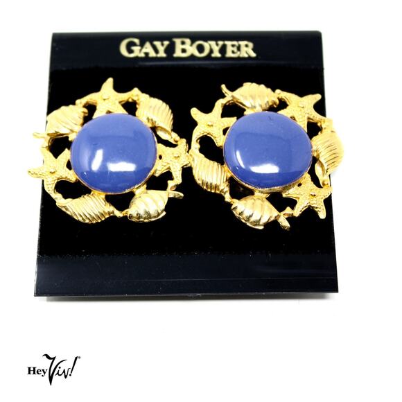 Vintage Gay Boyer Clip On Earrings Sea Shells Blue Enamel Original Card -Hey Viv - Picture 1 of 3